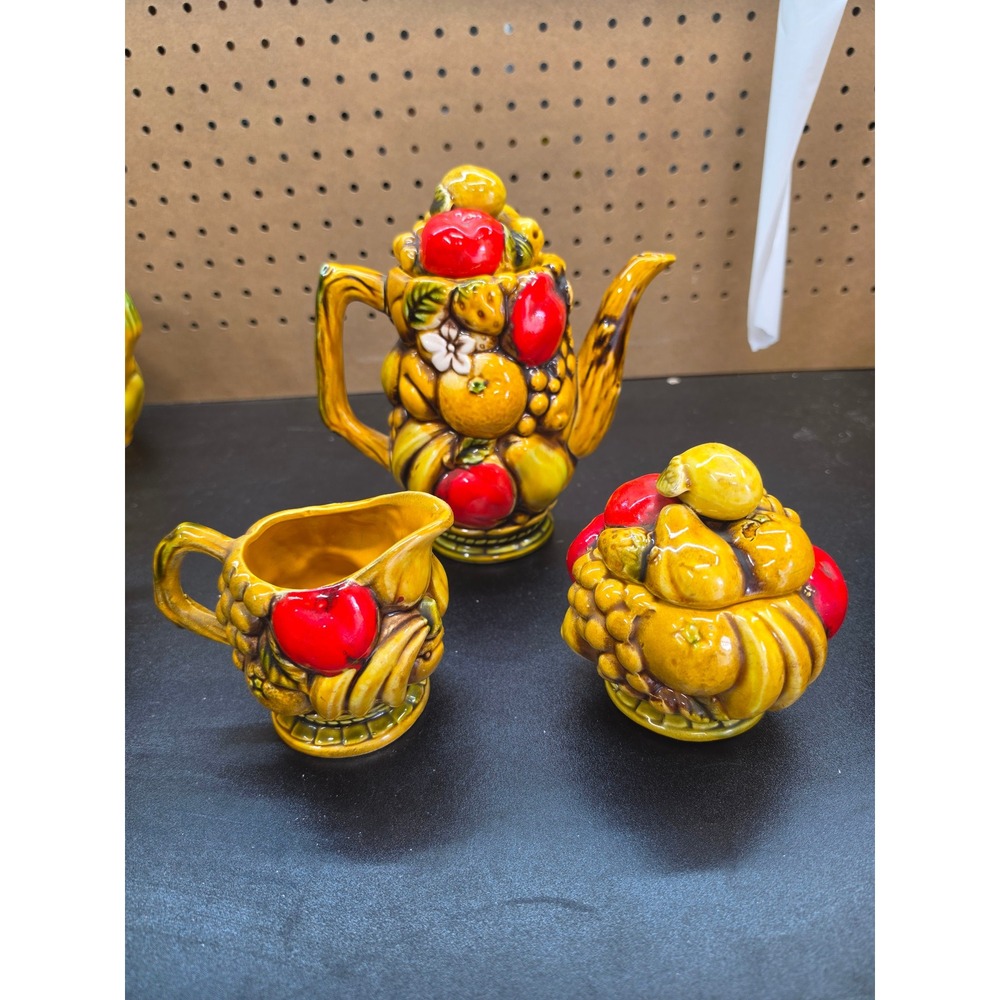 Vintage MCM Ardco Harvest Fruit Teapot Creamer & Lidded Sugar Bowl Set S-2036